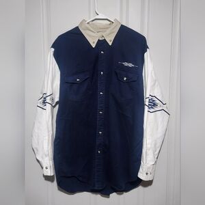 Vintage Dark Blue and Tan Express Rider Western Aztec Button Down Shirt Size XL